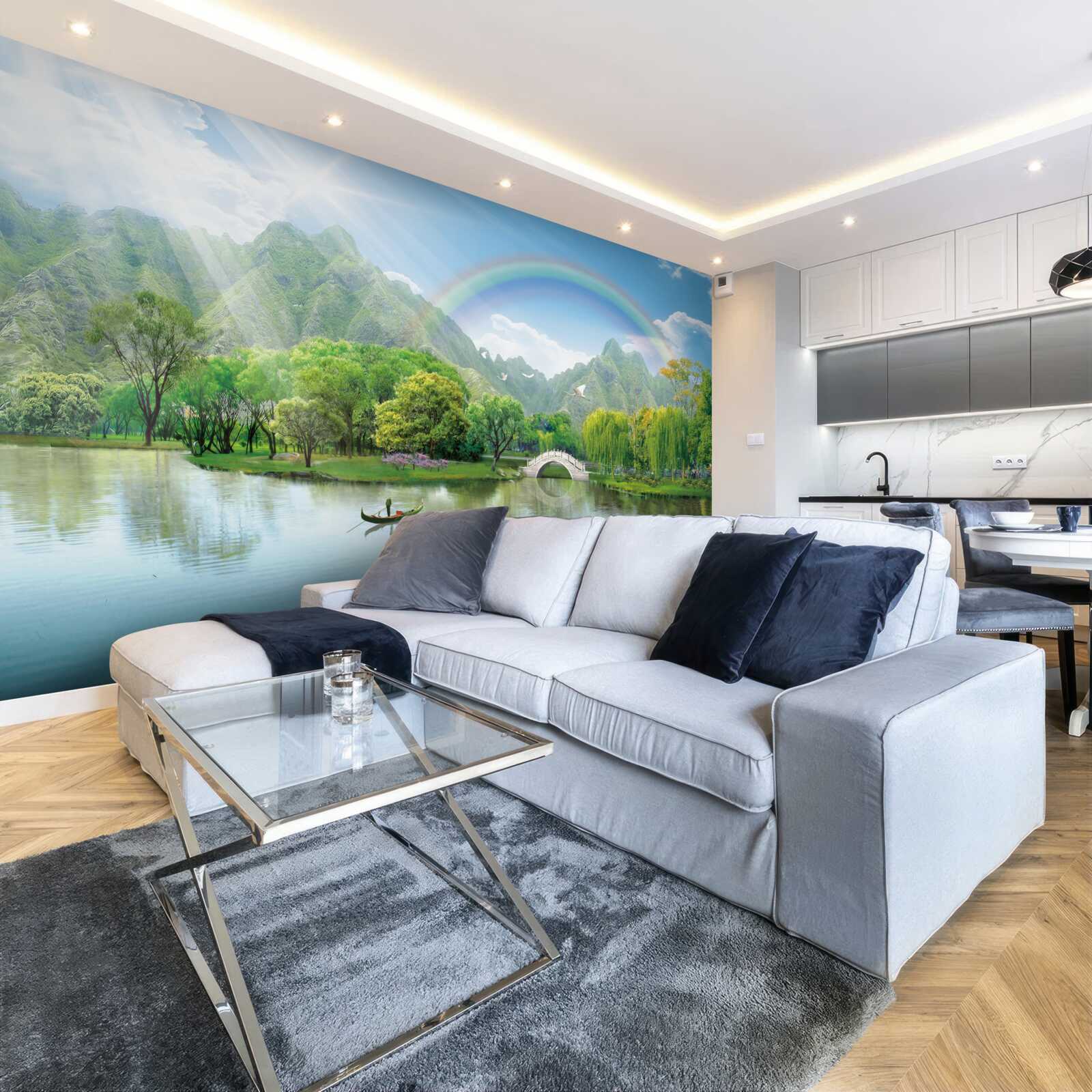 Papier peint Lac de montagne japonais surmonté d'un arc-en-ciel