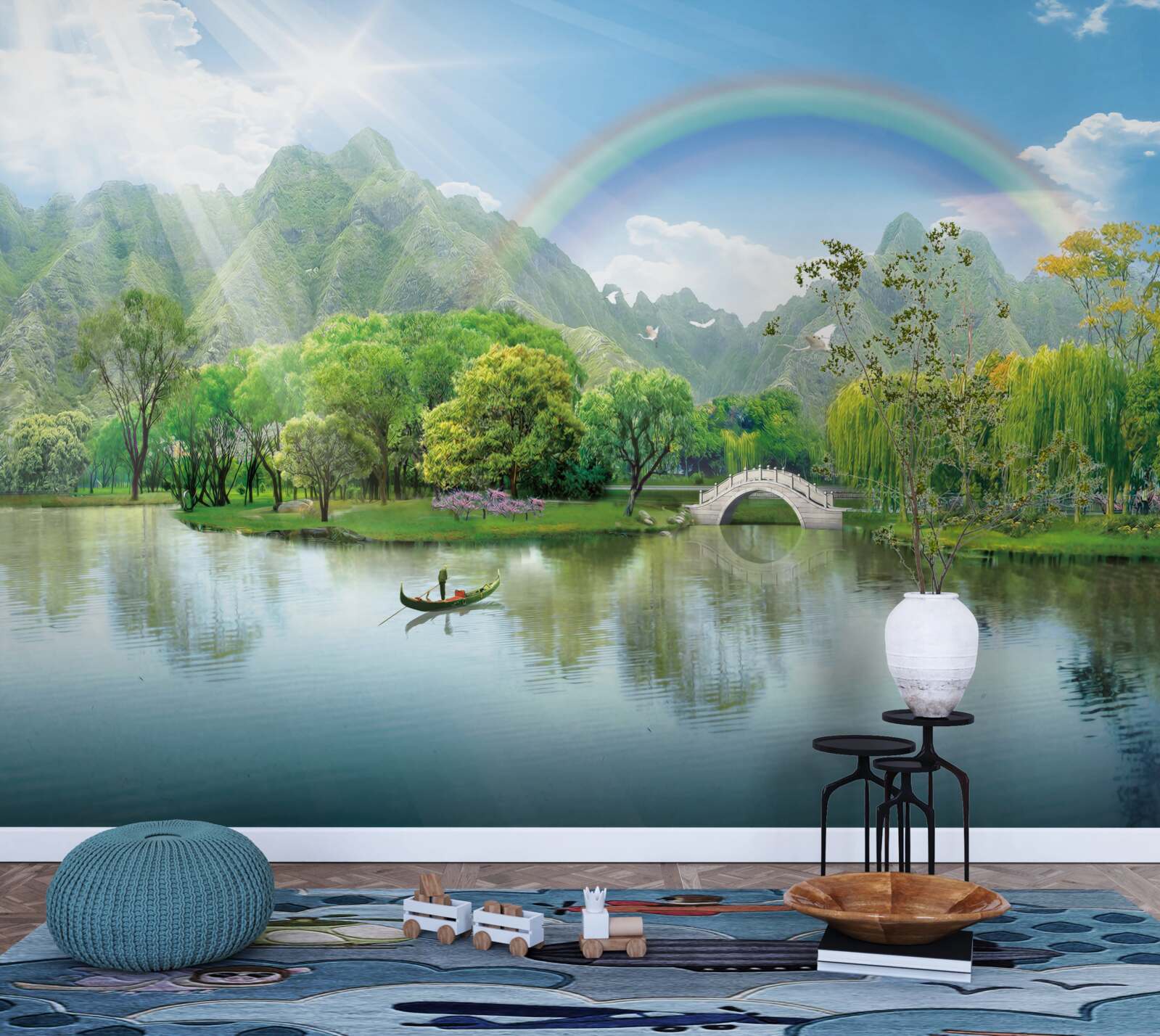 Papier peint Lac de montagne japonais surmonté d'un arc-en-ciel