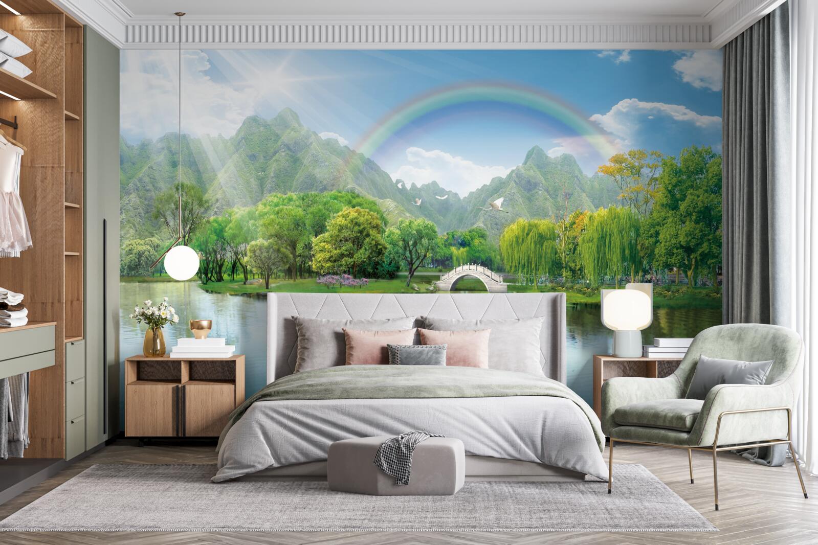Papier peint Lac de montagne japonais surmonté d'un arc-en-ciel