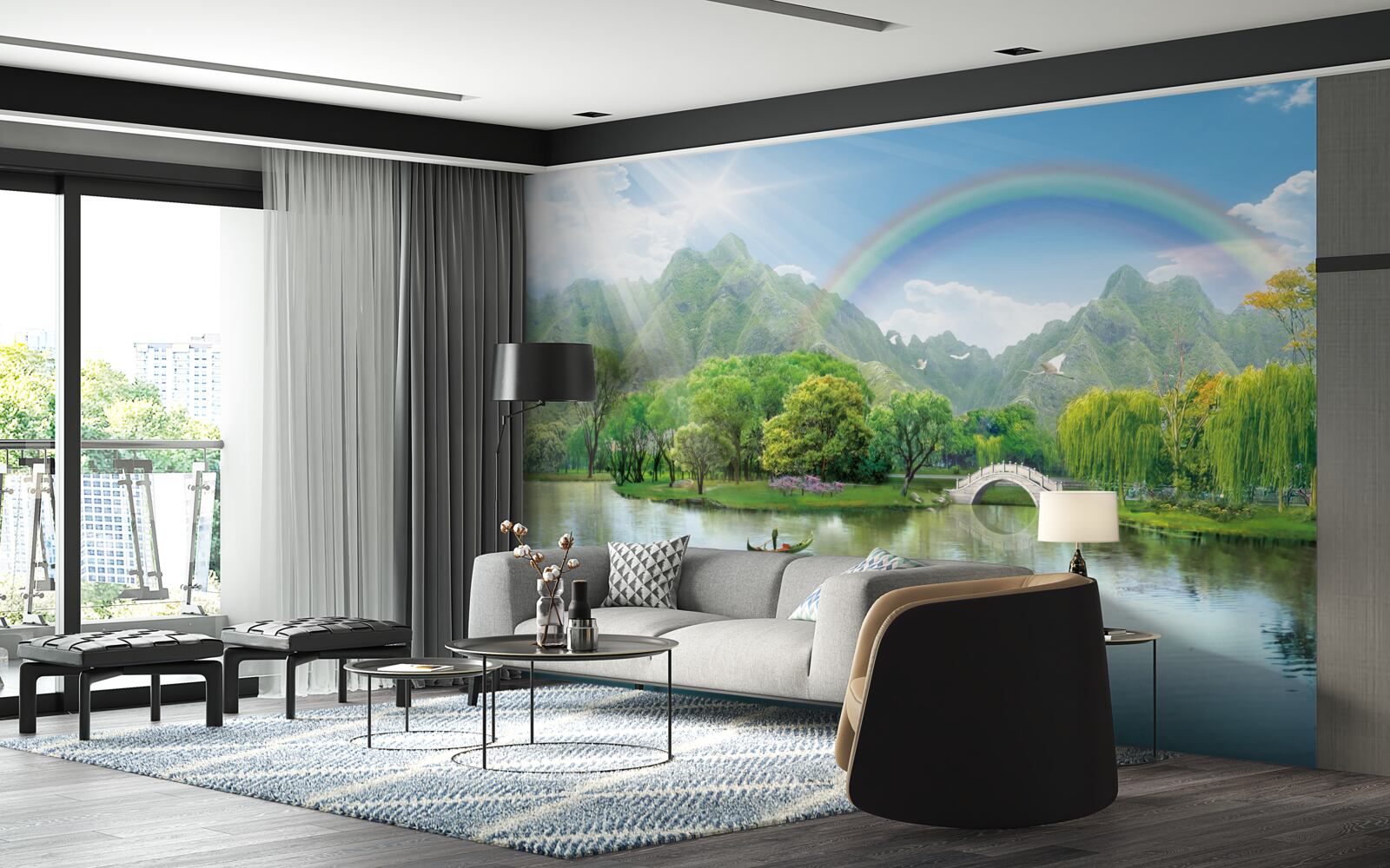 Papier peint Lac de montagne japonais surmonté d'un arc-en-ciel