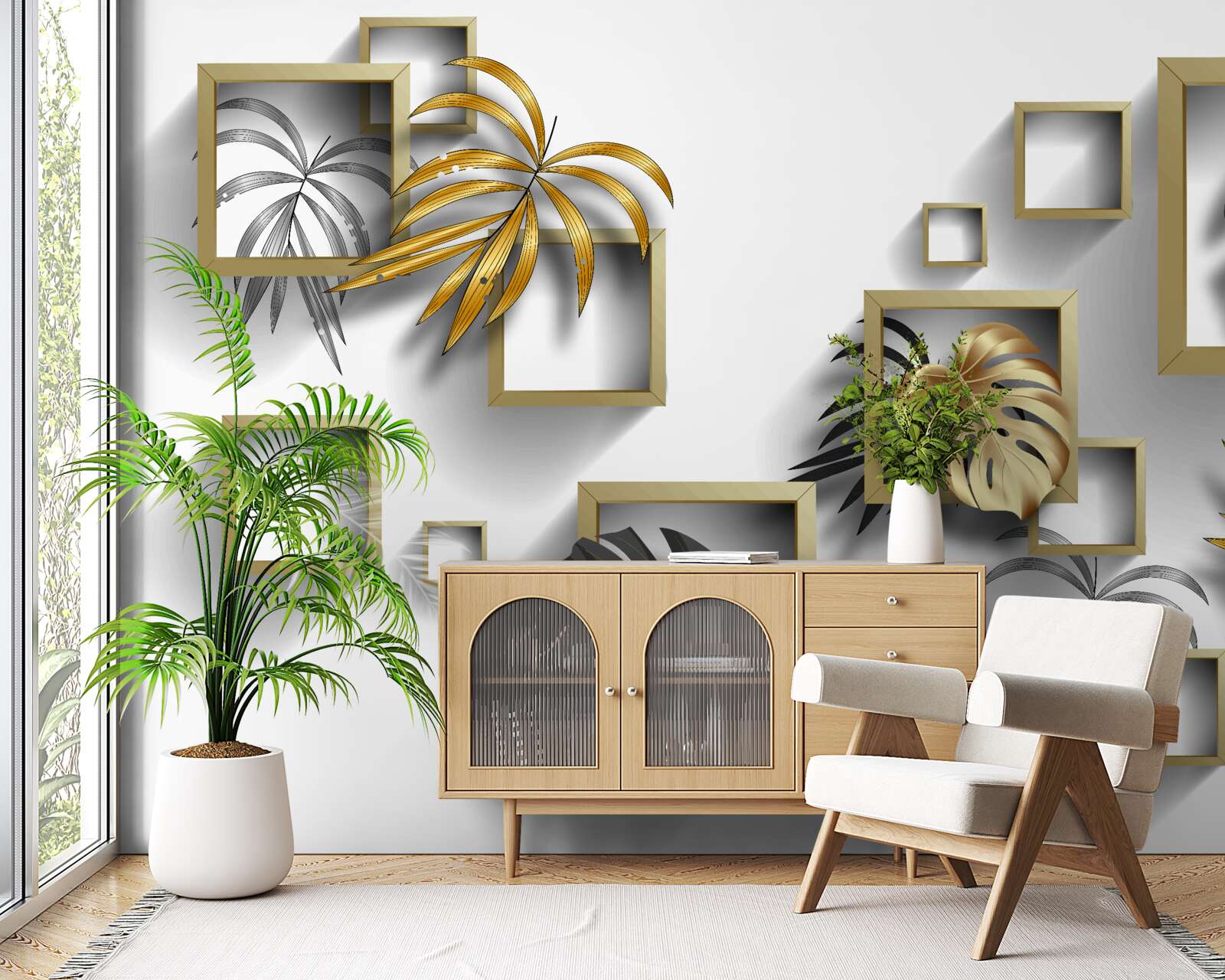 Papier peint feuilles tropicales encadrées