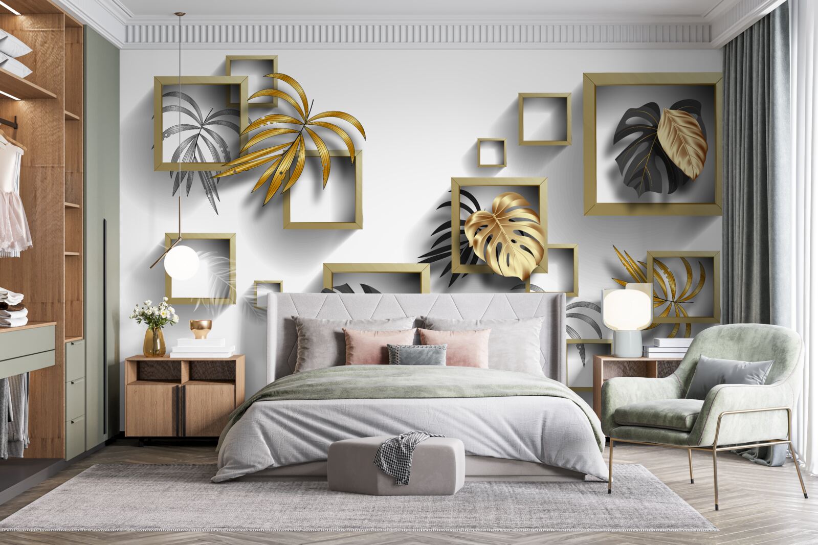 Papier peint feuilles tropicales encadrées