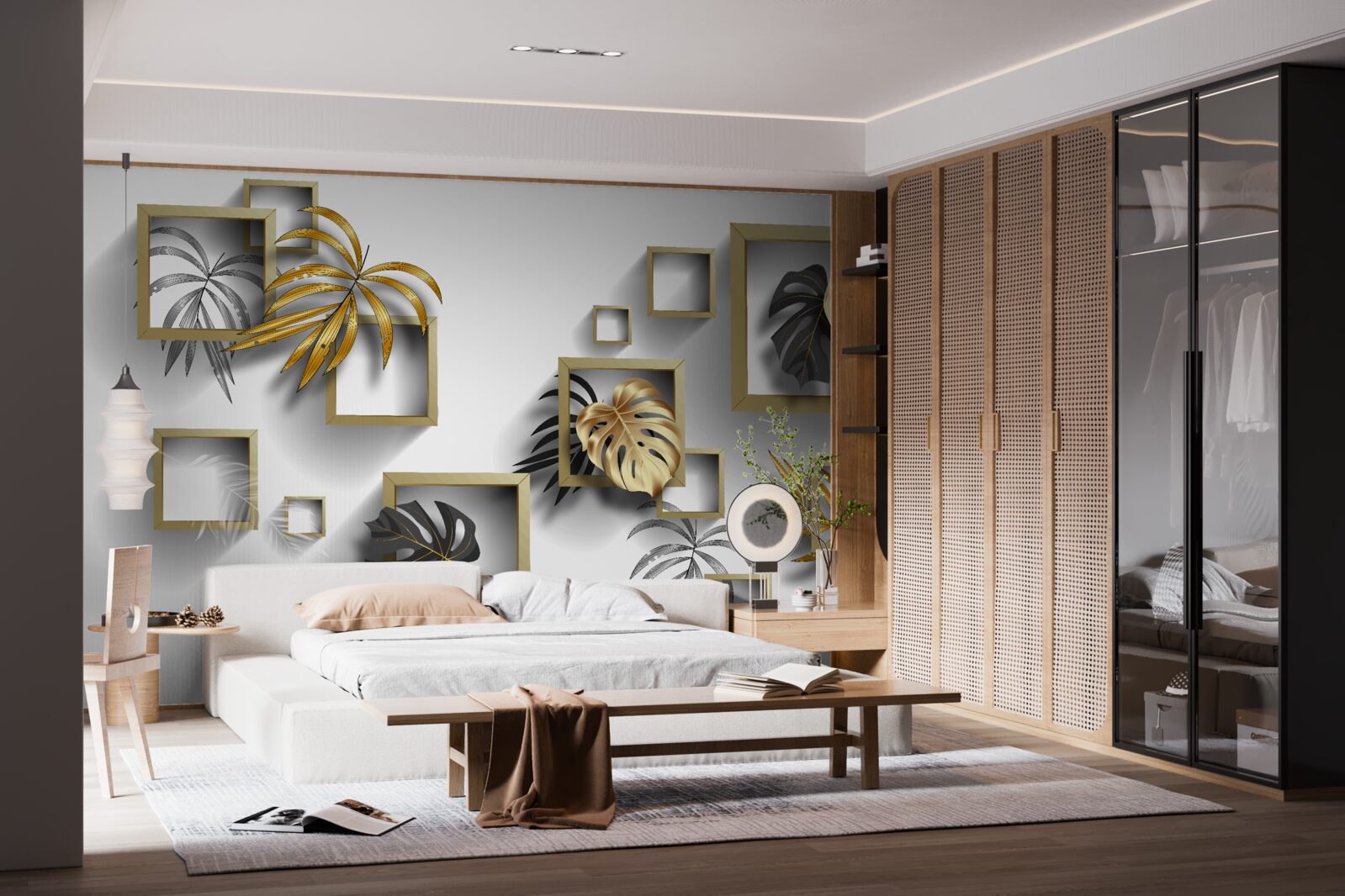 Papier peint feuilles tropicales encadrées