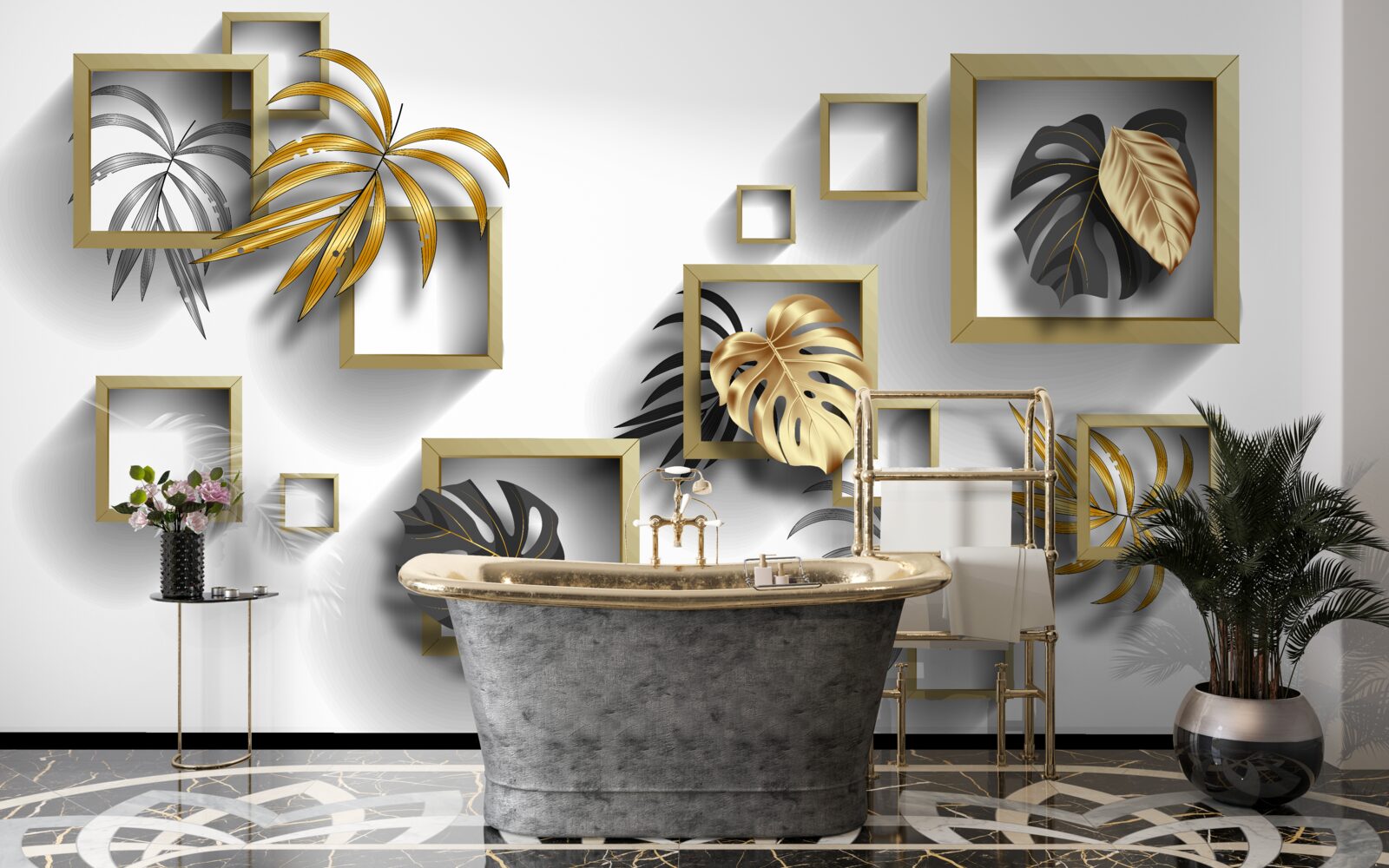 Papier peint feuilles tropicales encadrées