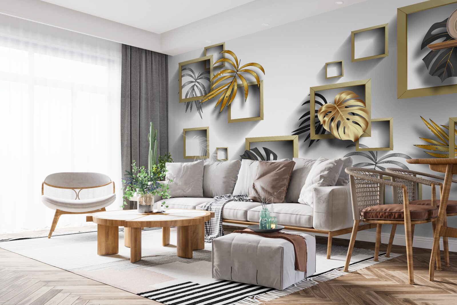 Papier peint feuilles tropicales encadrées