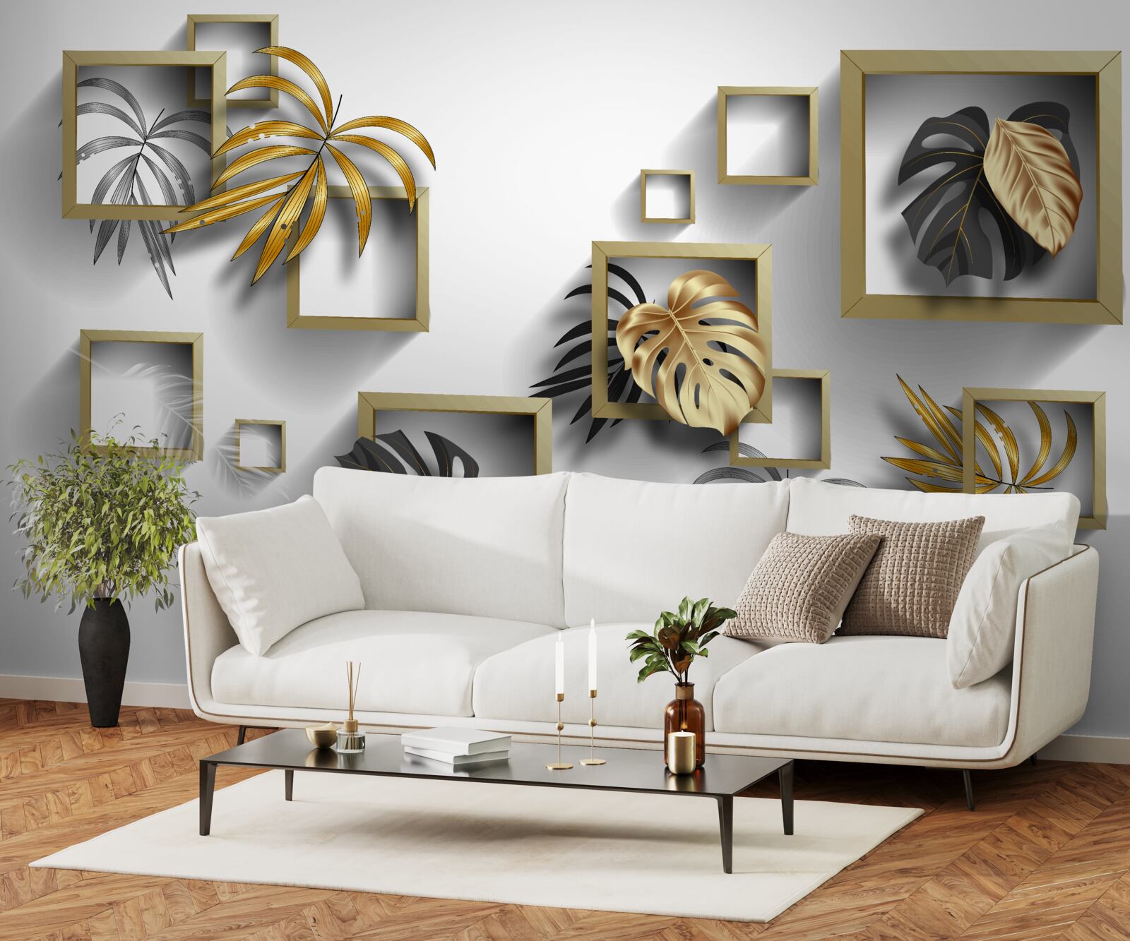 Papier peint feuilles tropicales encadrées