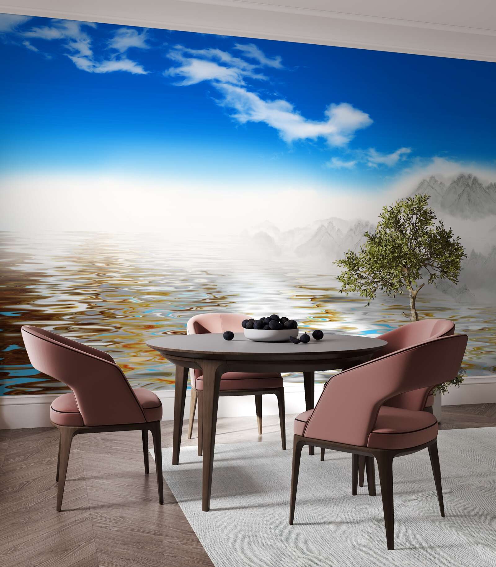 Papier peint l'eau calme sous les montagnes