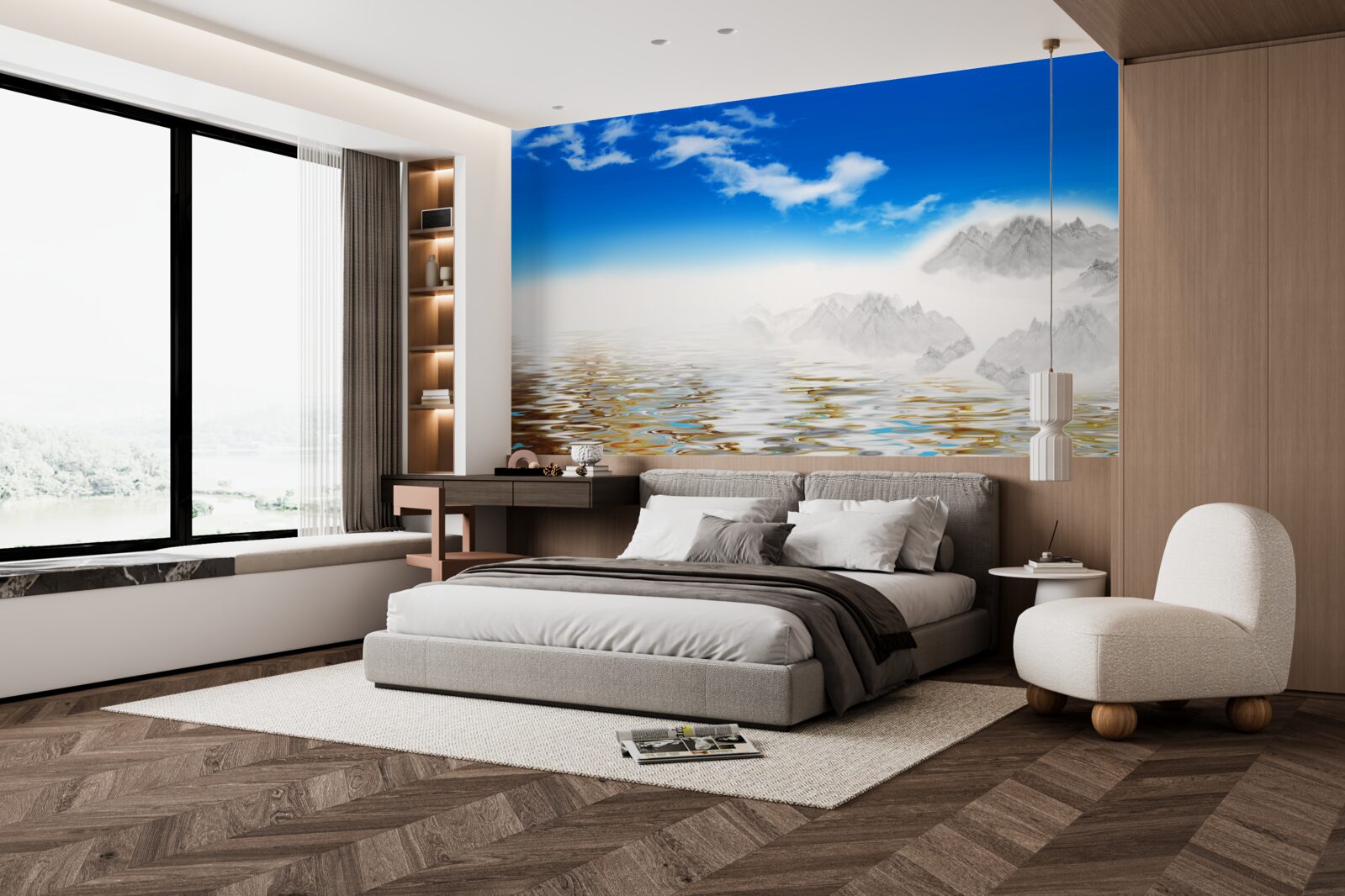 Papier peint l'eau calme sous les montagnes