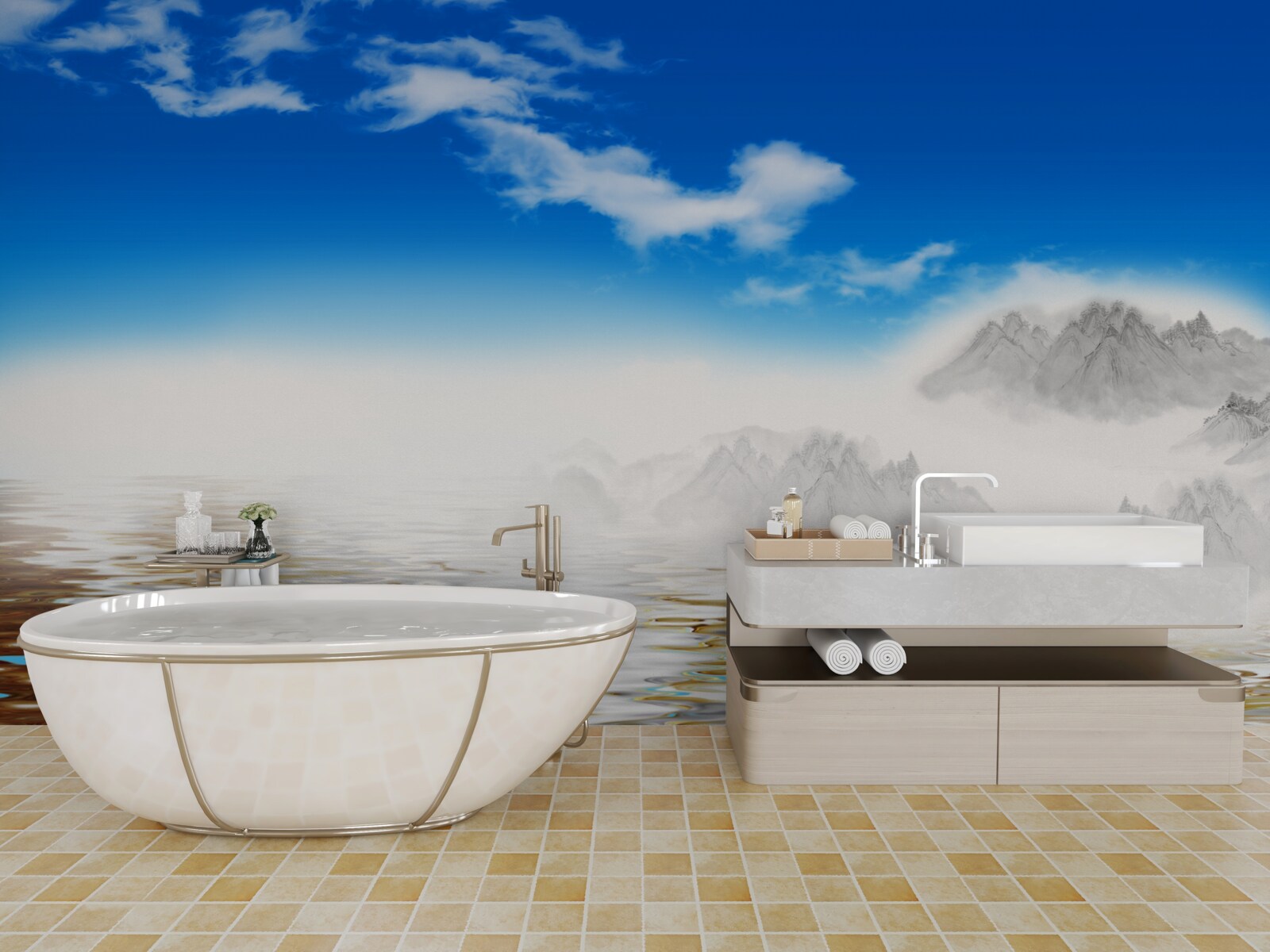 Papier peint l'eau calme sous les montagnes