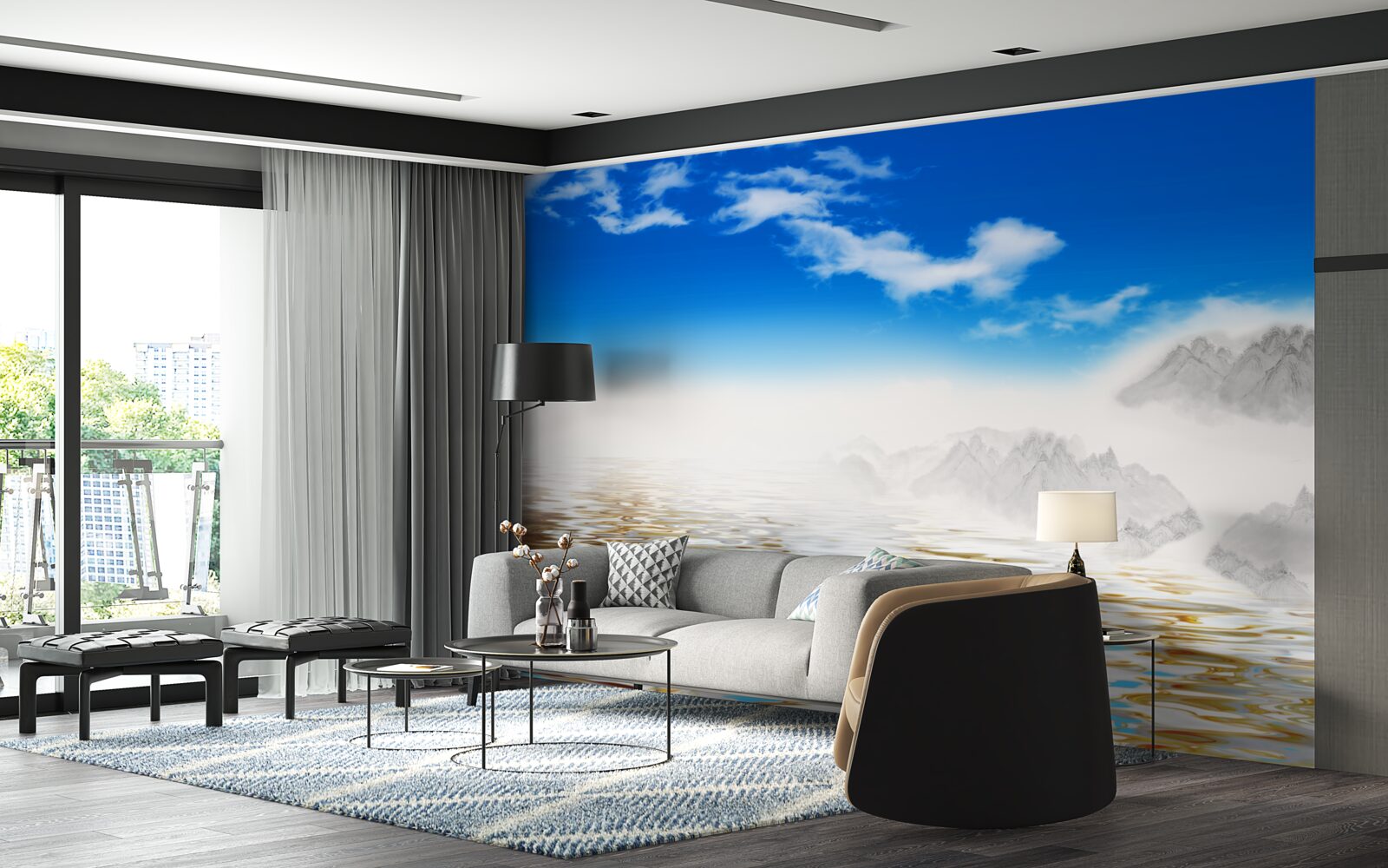 Papier peint l'eau calme sous les montagnes