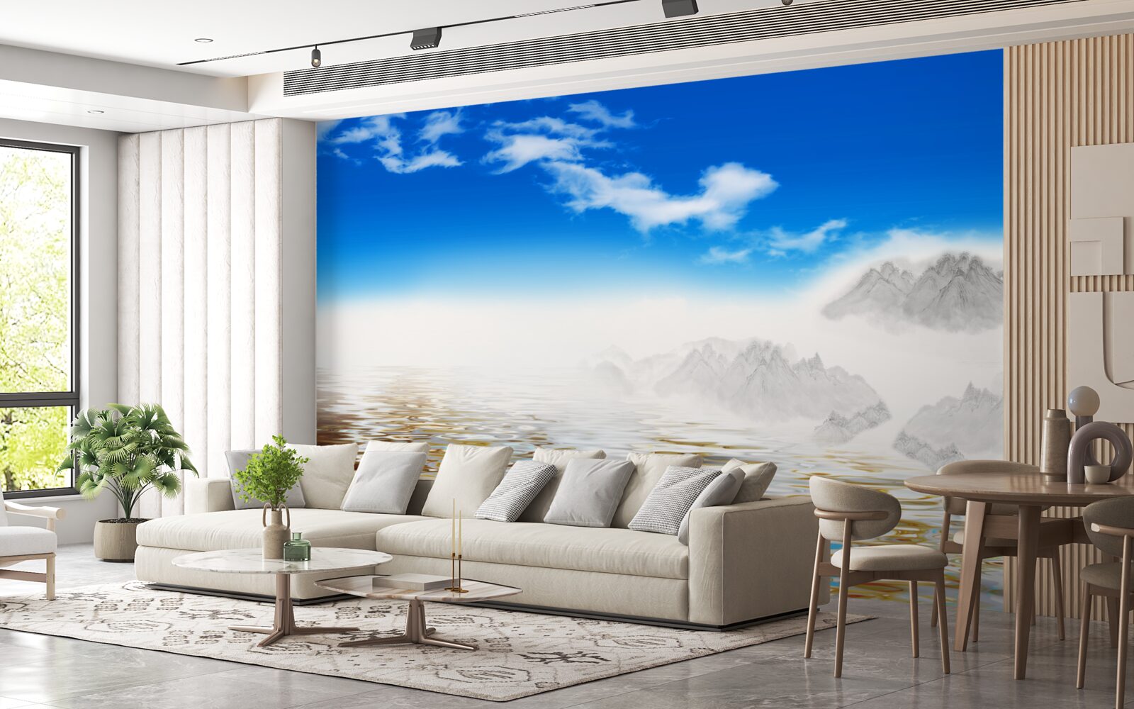 Papier peint l'eau calme sous les montagnes