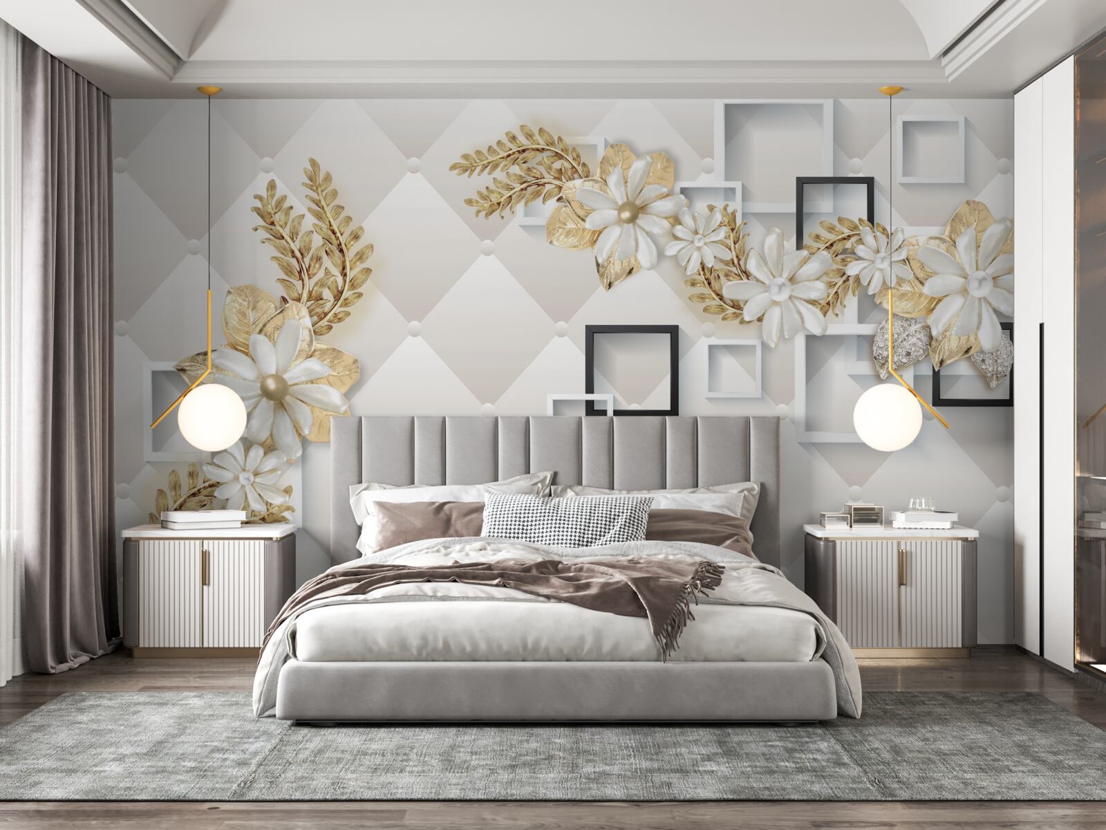 Papier peint compositions florales carrées