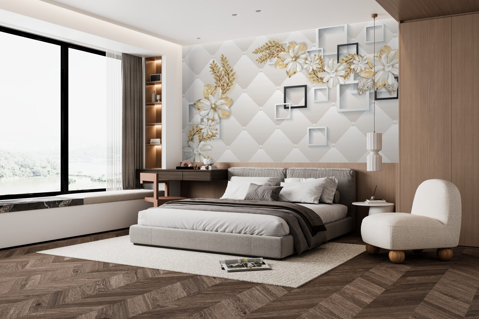 Papier peint compositions florales carrées