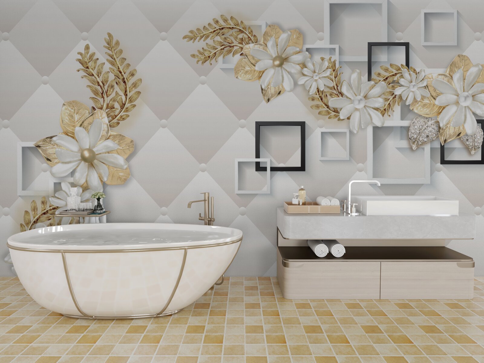 Papier peint compositions florales carrées