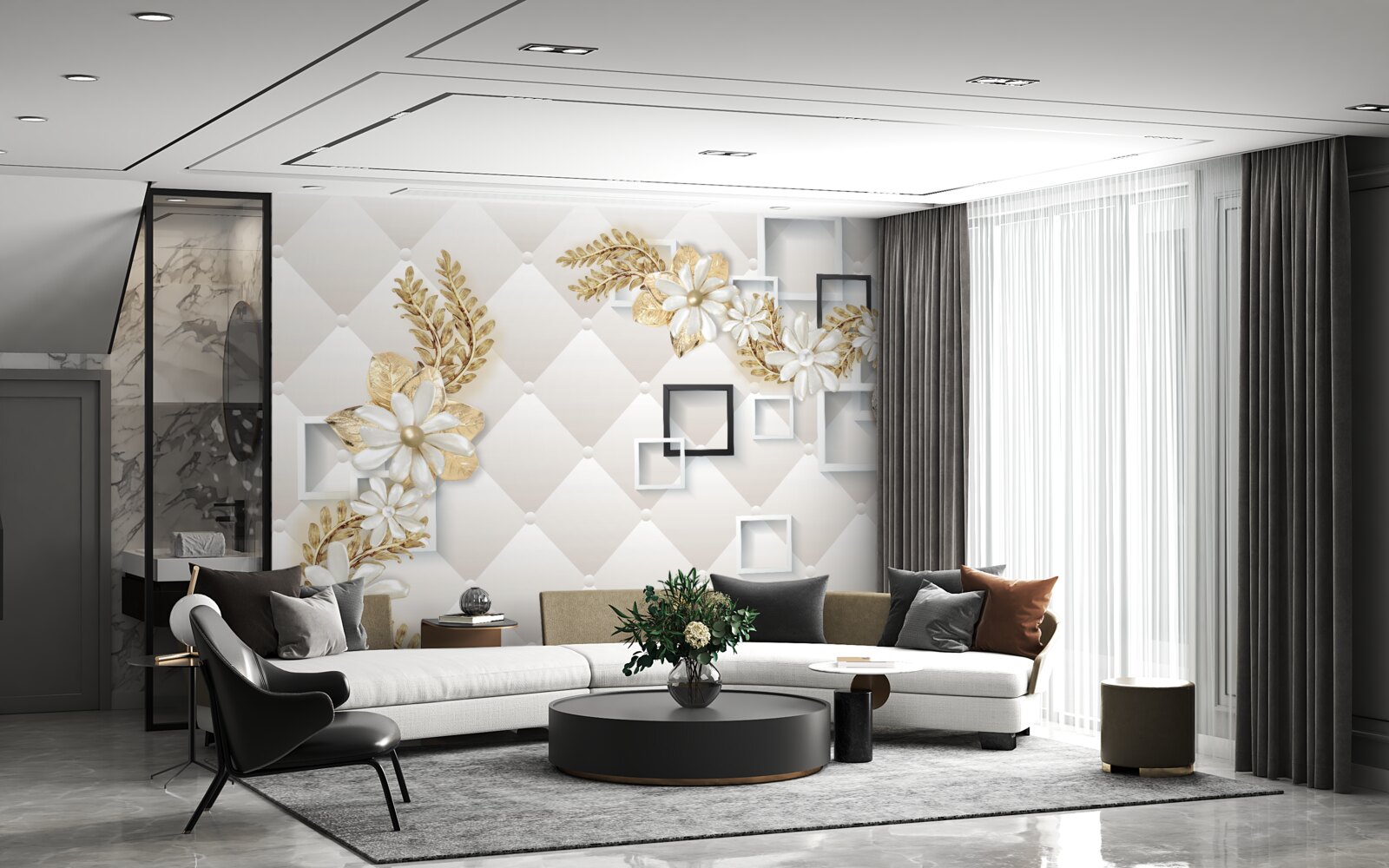 Papier peint compositions florales carrées