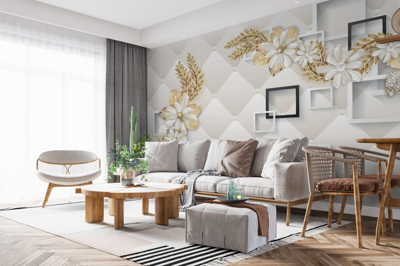 Papier peint compositions florales carrées