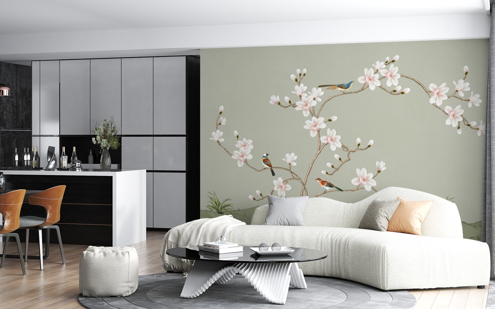 Papier peint arbre élégant décoré de fleurs et entouré d'oiseaux