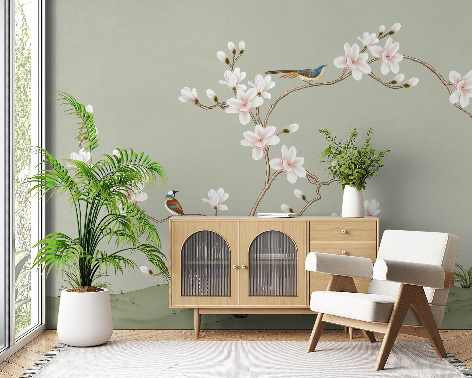 Papier peint arbre élégant décoré de fleurs et entouré d'oiseaux