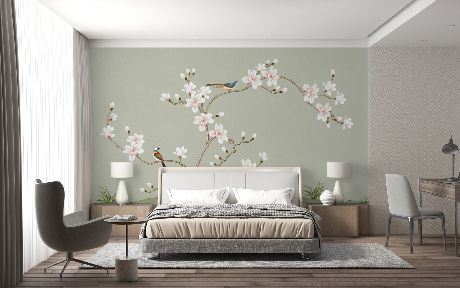 Papier peint arbre élégant décoré de fleurs et entouré d'oiseaux