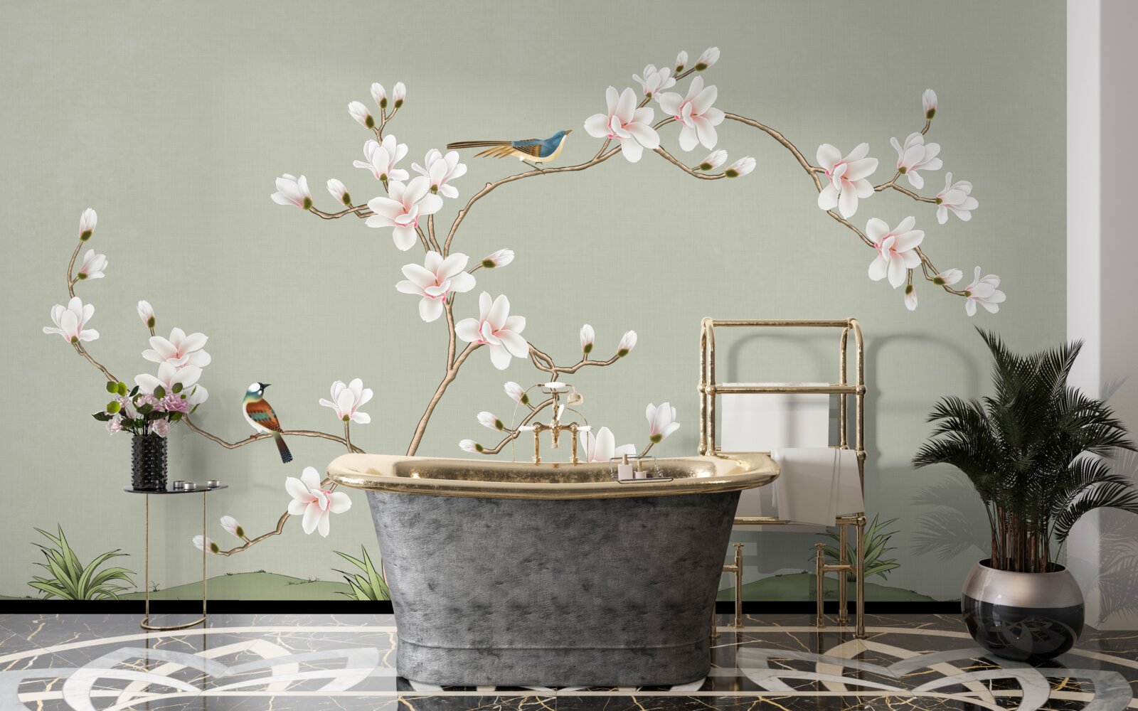 Papier peint arbre élégant décoré de fleurs et entouré d'oiseaux