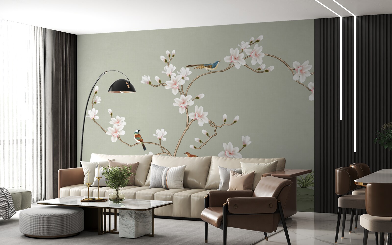 Papier peint arbre élégant décoré de fleurs et entouré d'oiseaux