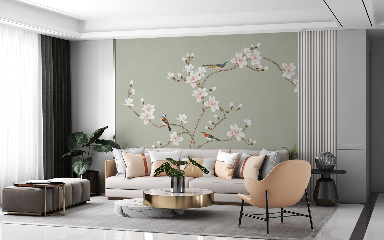 Papier peint arbre élégant décoré de fleurs et entouré d'oiseaux