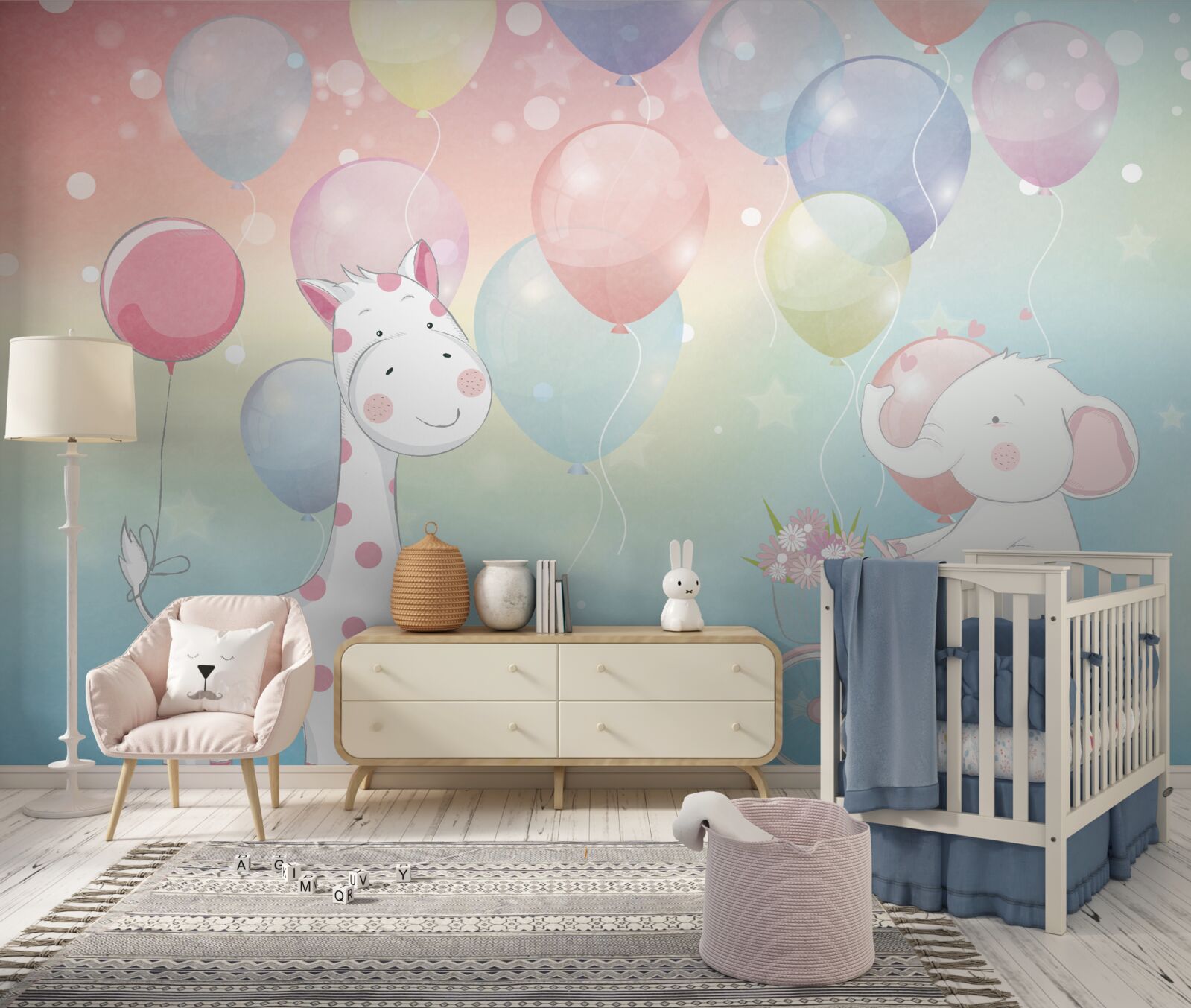 Papier peint L'éléphant s'approche de la girafe