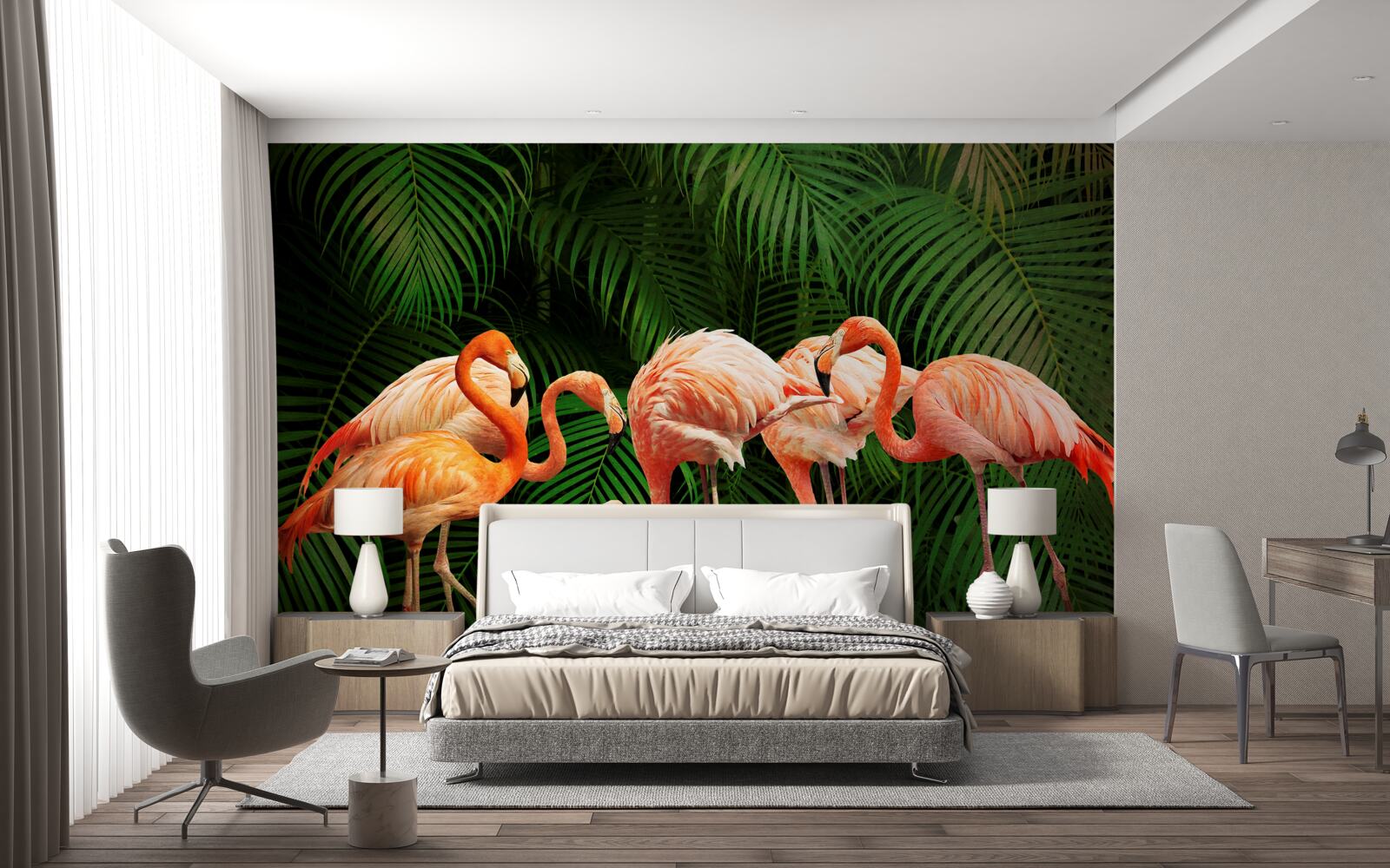 Papier peint flamants roses dans une forêt avec des arbres verts