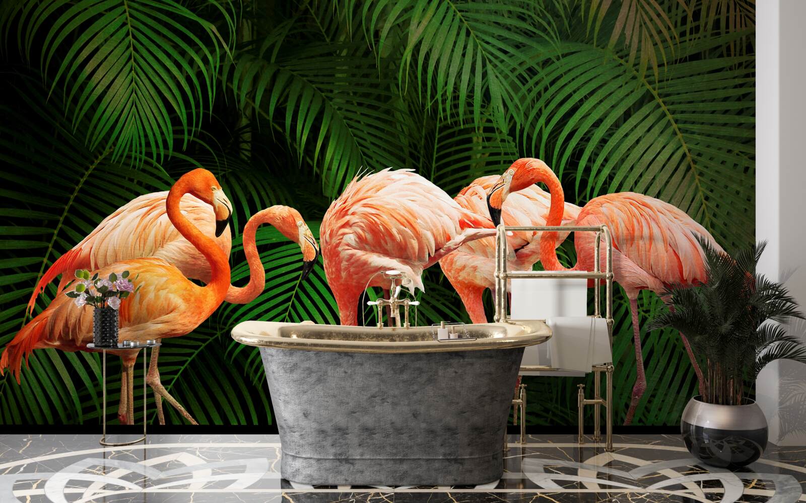 Papier peint flamants roses dans une forêt avec des arbres verts