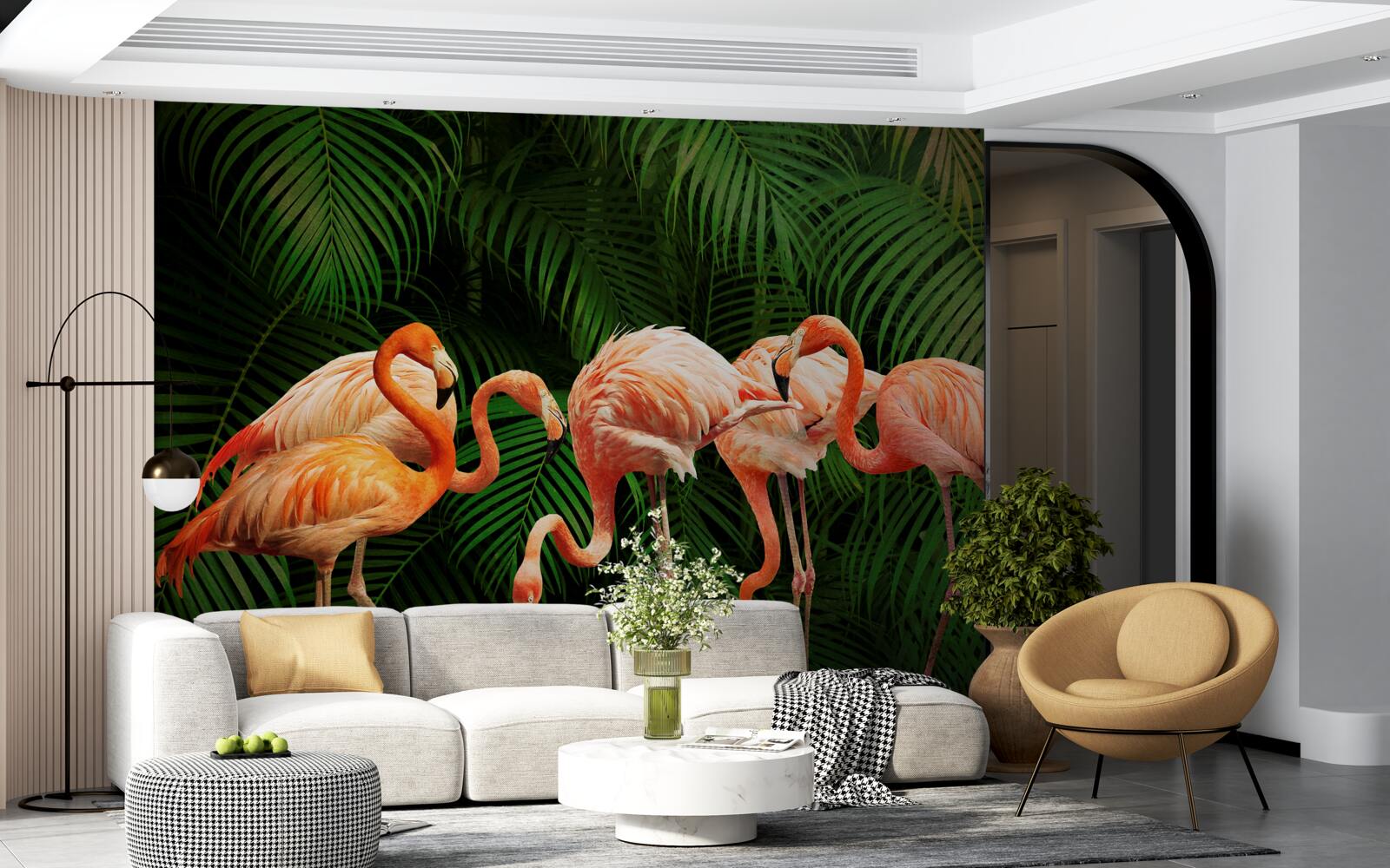 Papier peint flamants roses dans une forêt avec des arbres verts