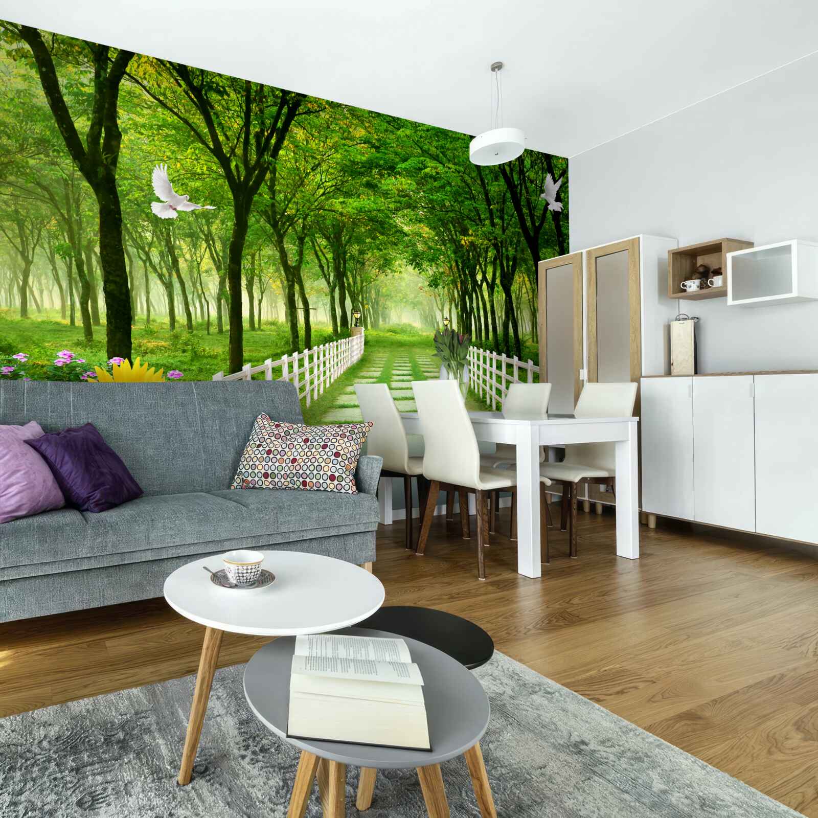 Papier peint une forêt verdoyante et un chemin parsemé de fleurs