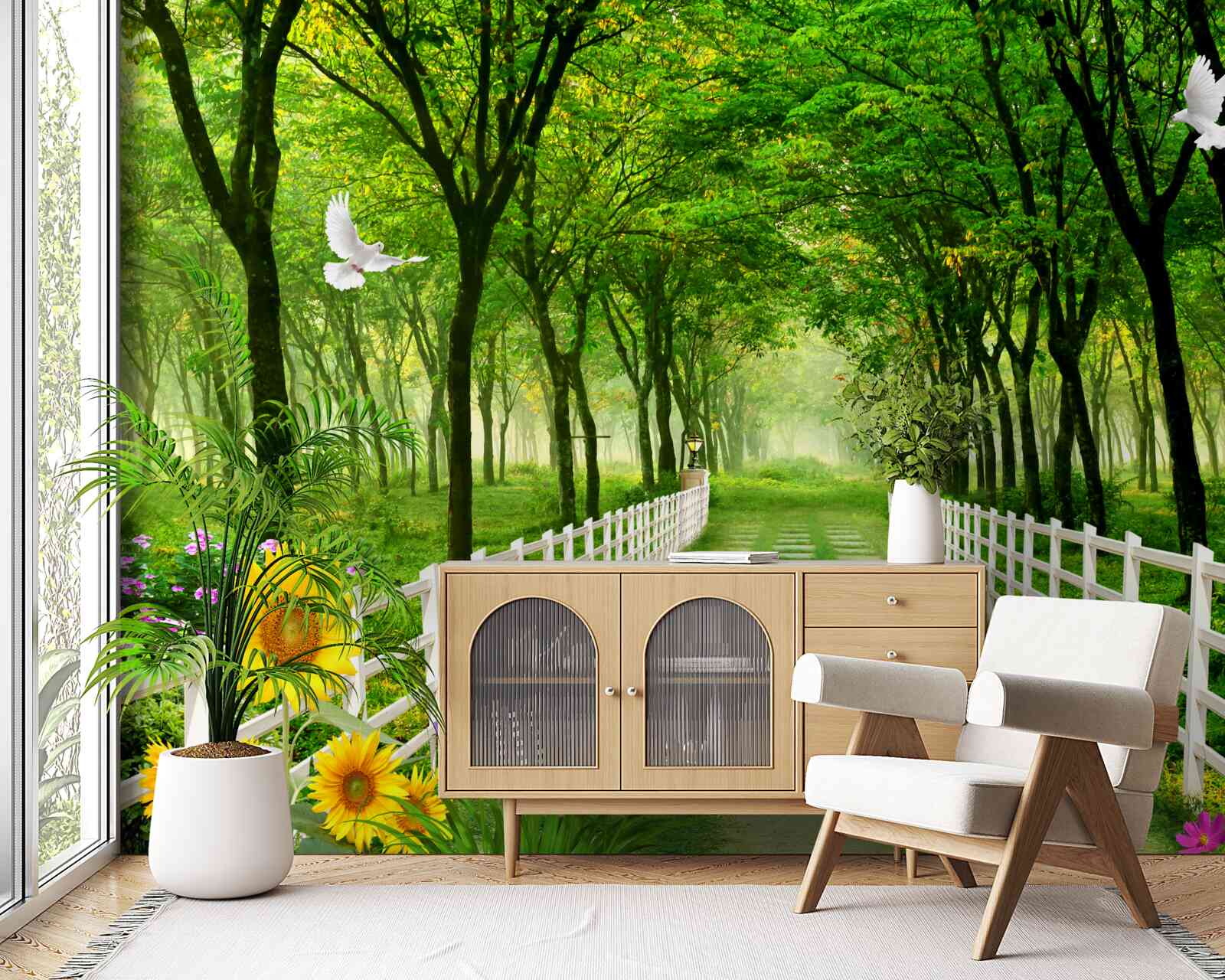 Papier peint une forêt verdoyante et un chemin parsemé de fleurs