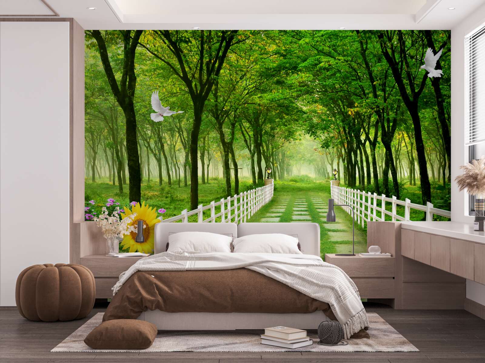 Papier peint une forêt verdoyante et un chemin parsemé de fleurs