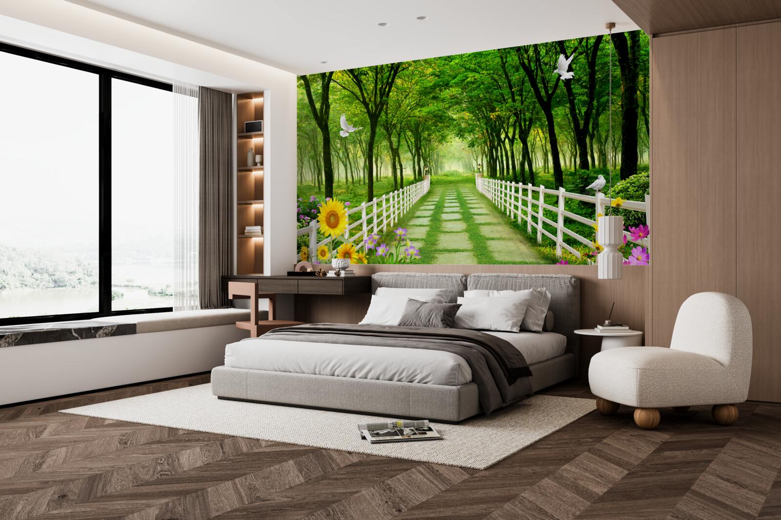 Papier peint une forêt verdoyante et un chemin parsemé de fleurs