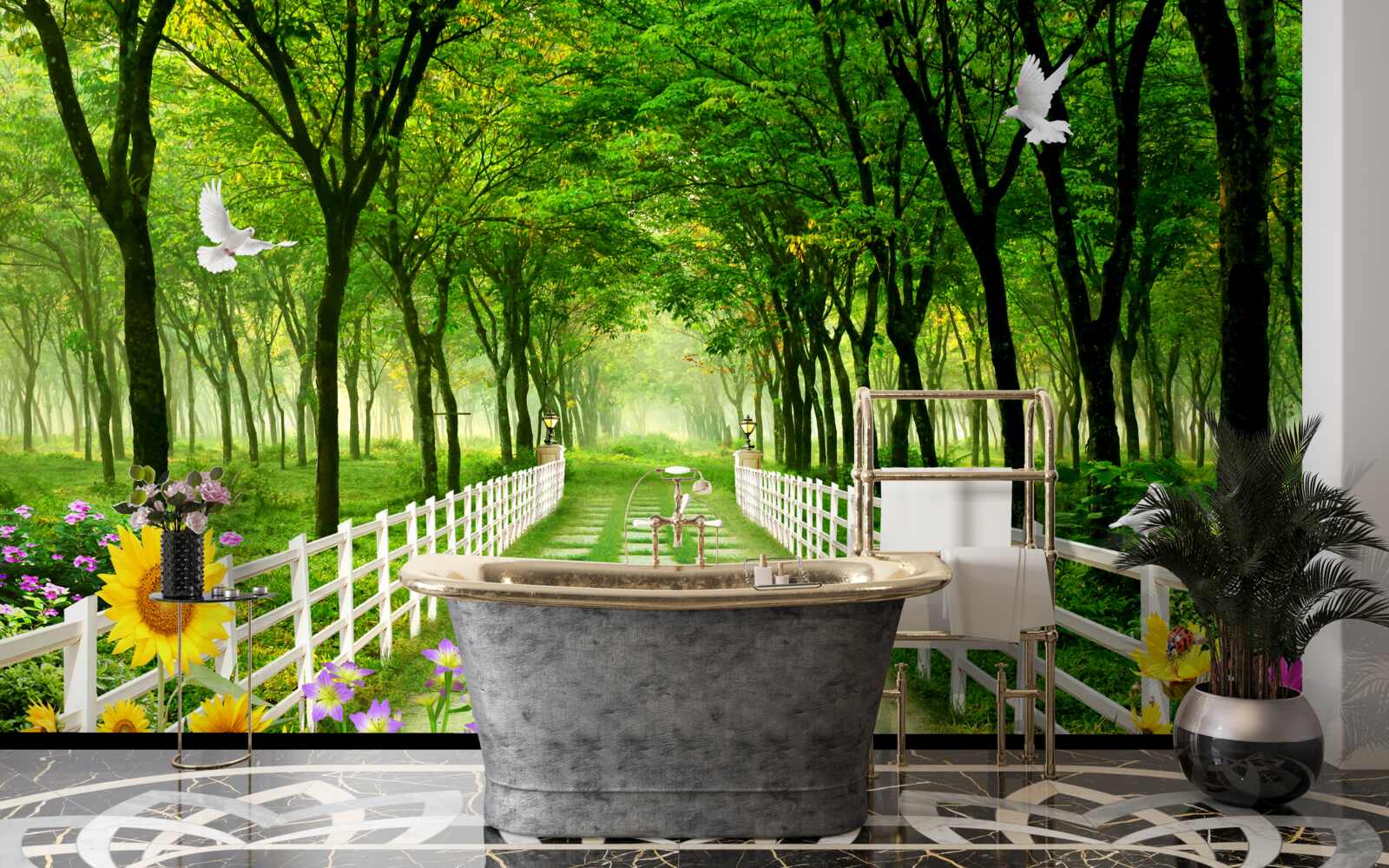 Papier peint une forêt verdoyante et un chemin parsemé de fleurs