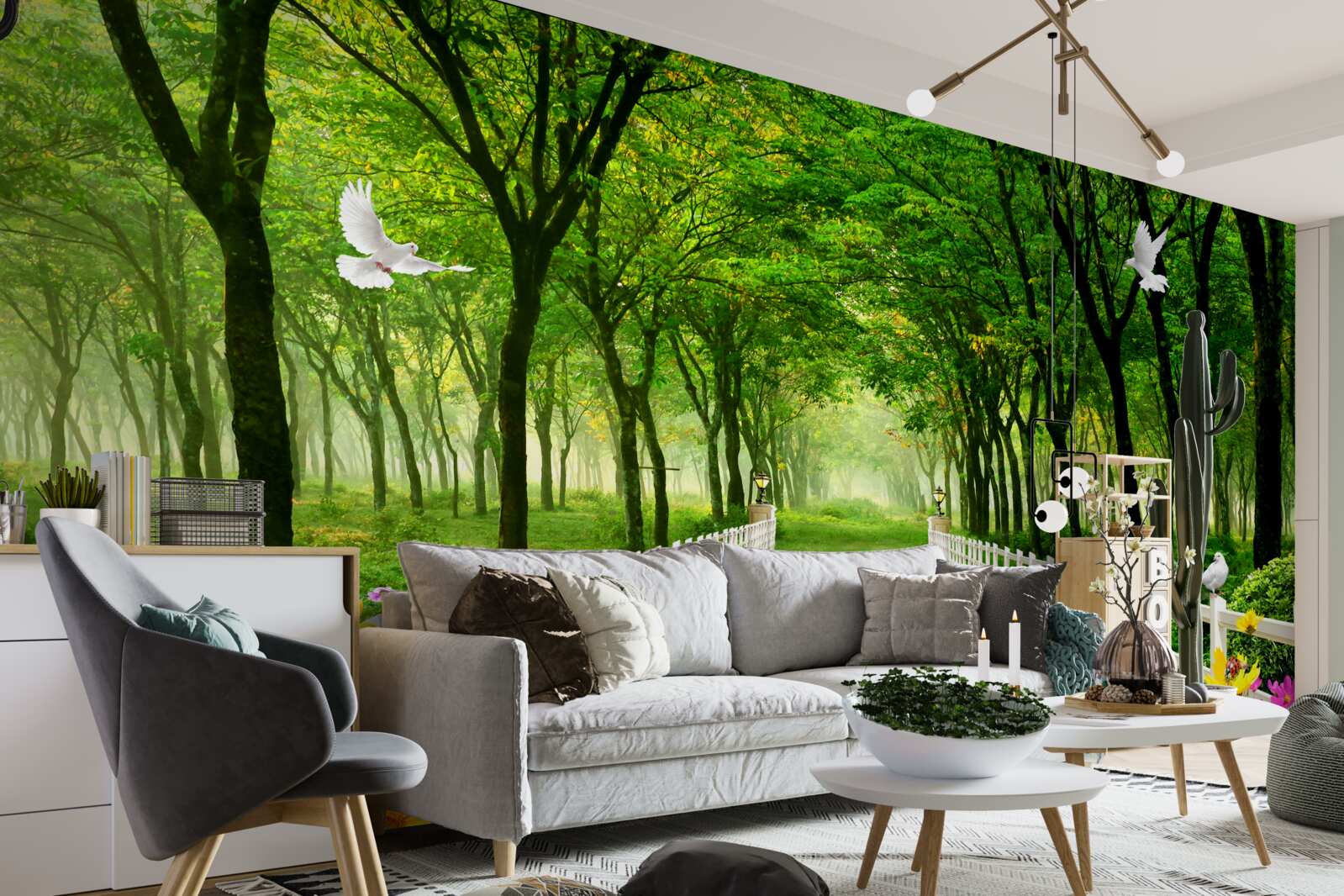 Papier peint une forêt verdoyante et un chemin parsemé de fleurs