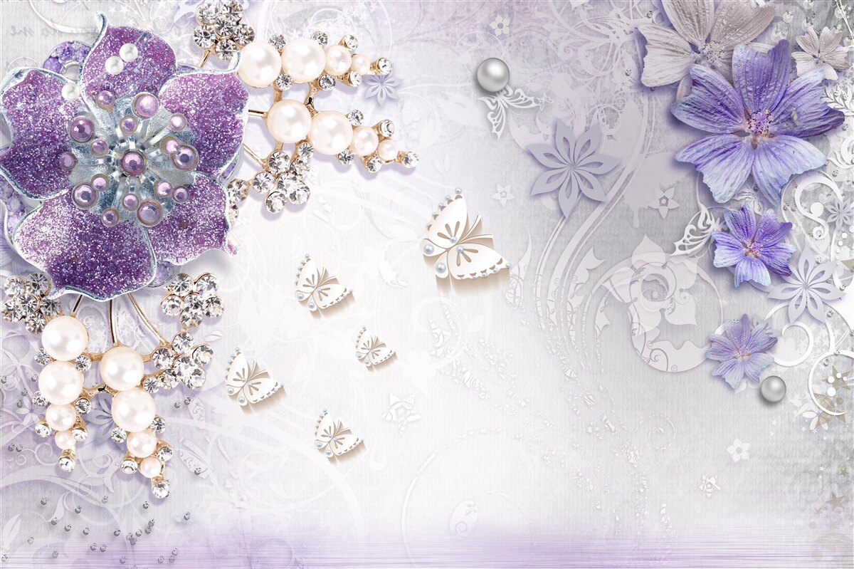 Papier peint orchidée or avec éléments violets et perles