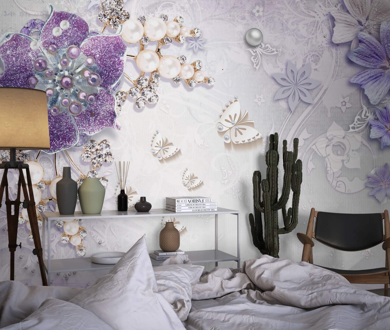 Papier peint orchidée or avec éléments violets et perles