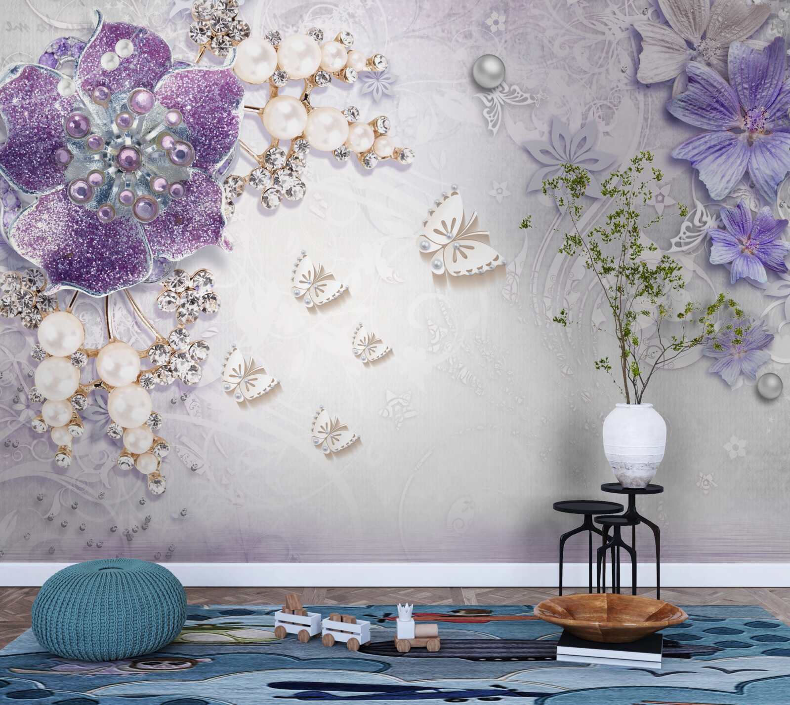 Papier peint orchidée or avec éléments violets et perles