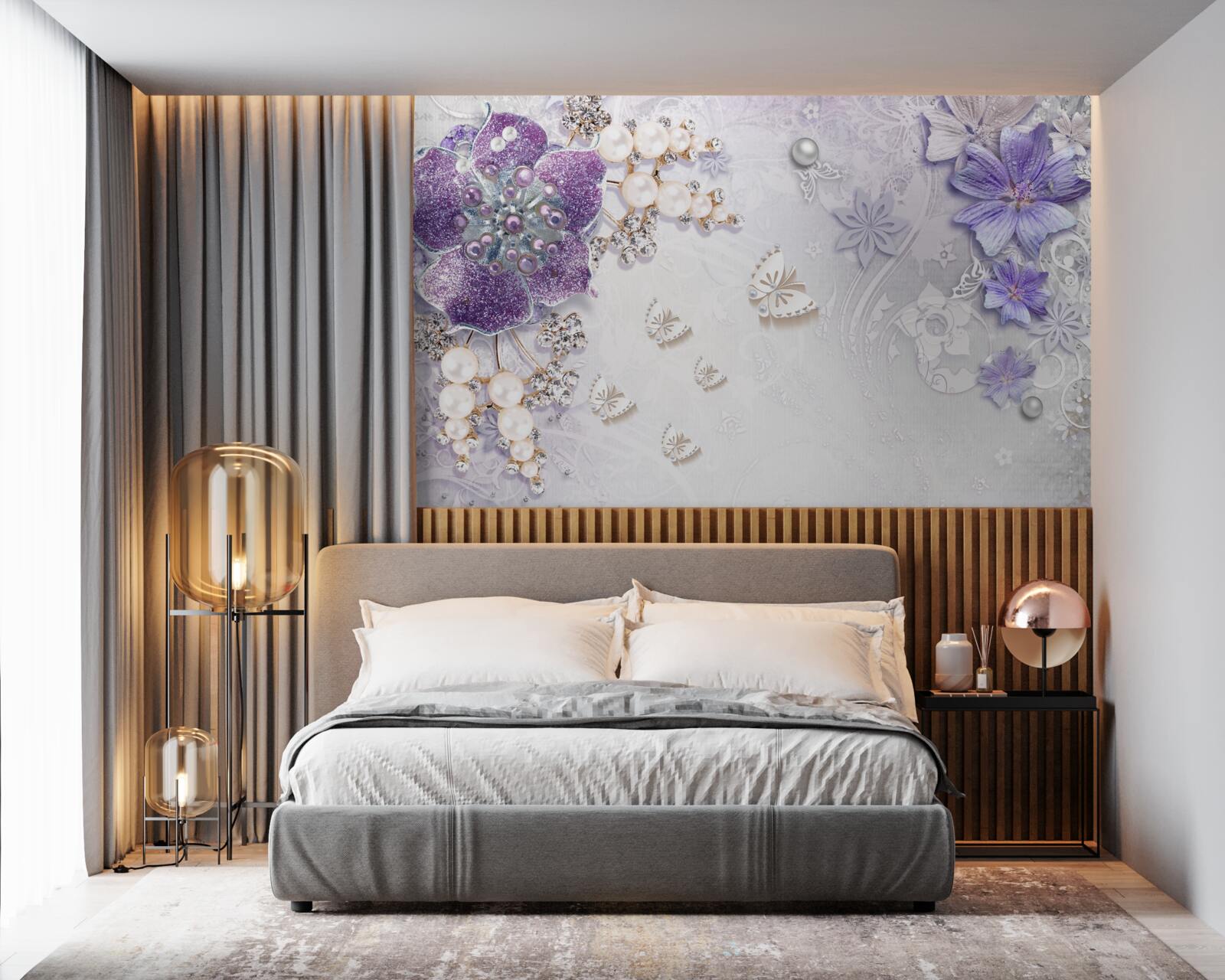 Papier peint orchidée or avec éléments violets et perles