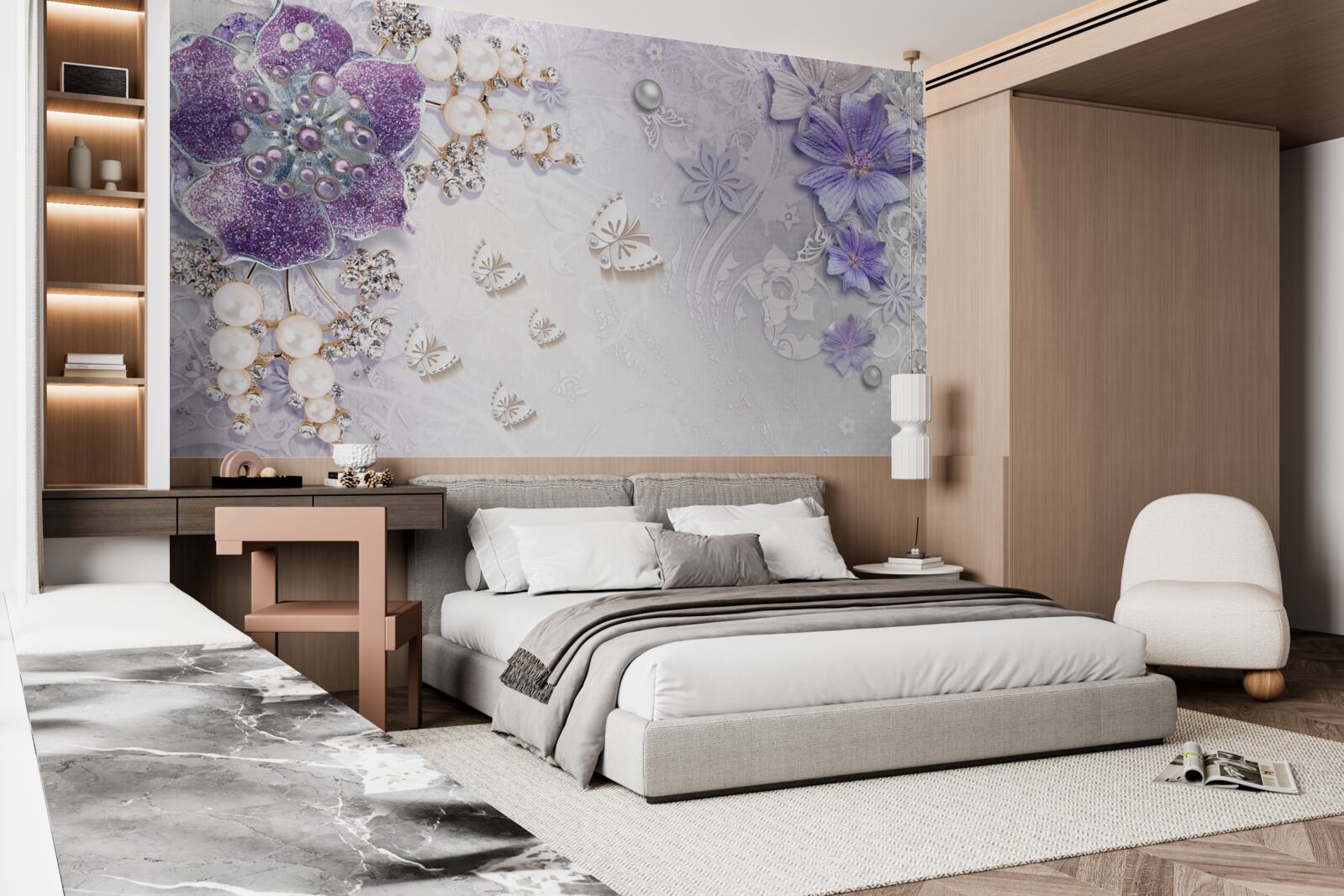 Papier peint orchidée or avec éléments violets et perles