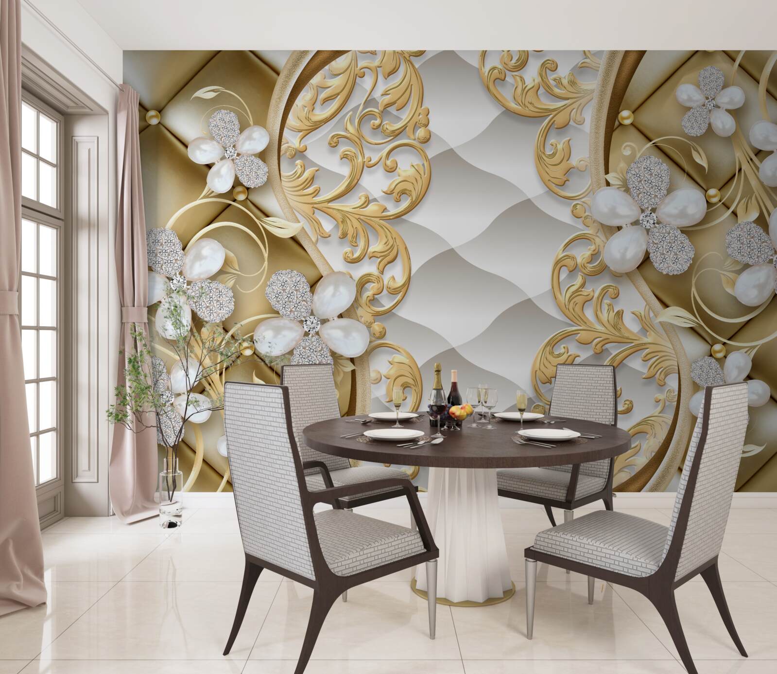 Papier peint bijoux et métal en motifs floraux