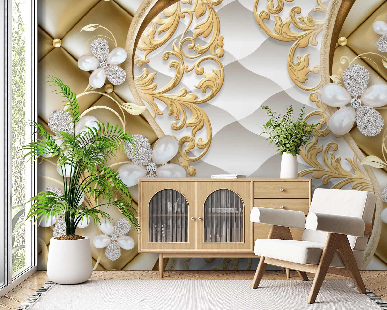 Papier peint bijoux et métal en motifs floraux