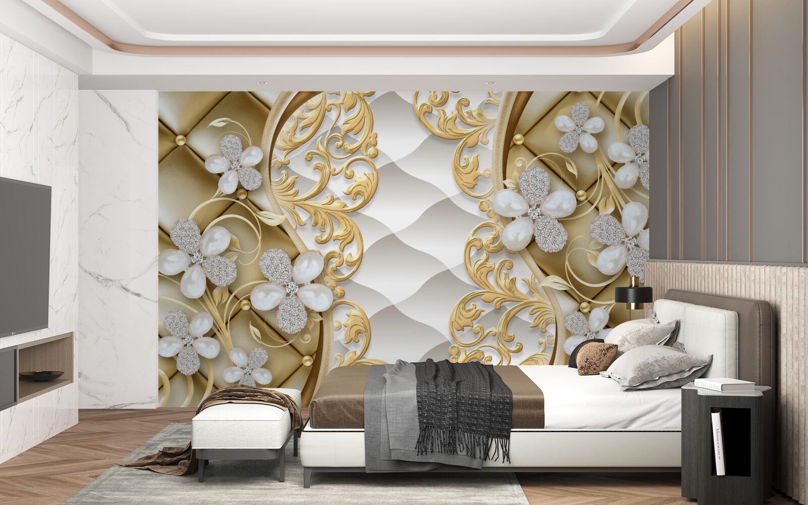 Papier peint bijoux et métal en motifs floraux