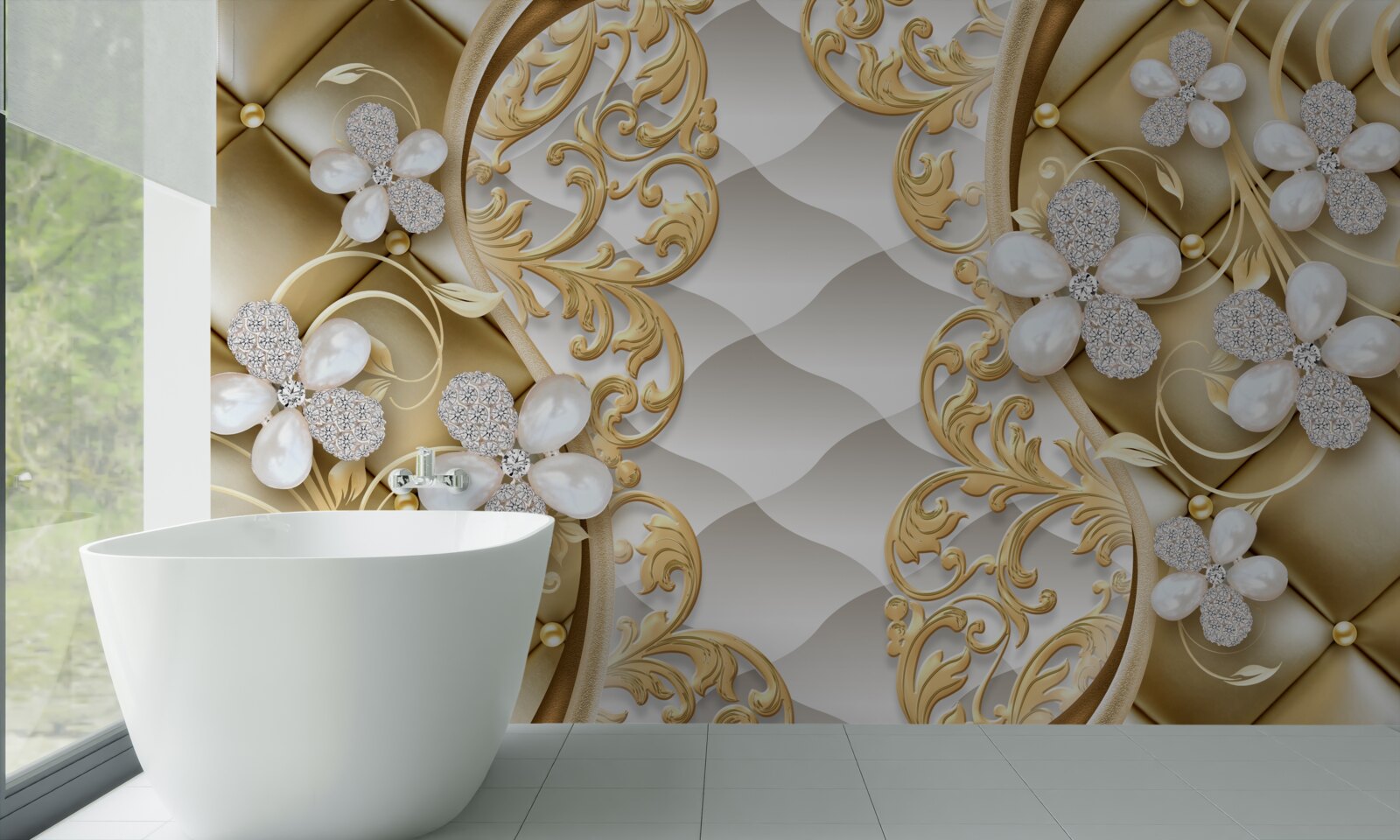 Papier peint bijoux et métal en motifs floraux