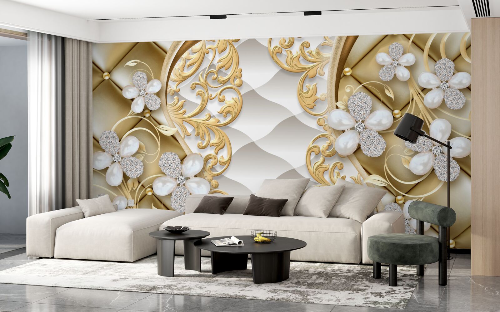 Papier peint bijoux et métal en motifs floraux