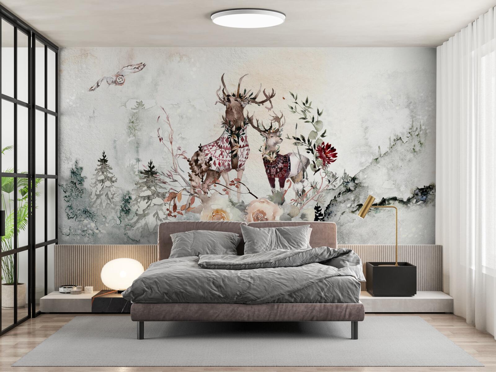 Papier peint il y a de beaux cerfs dans la forêt brumeuse