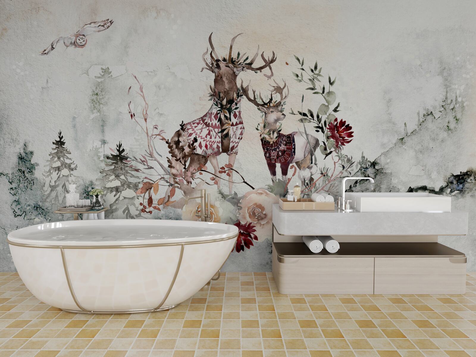 Papier peint il y a de beaux cerfs dans la forêt brumeuse