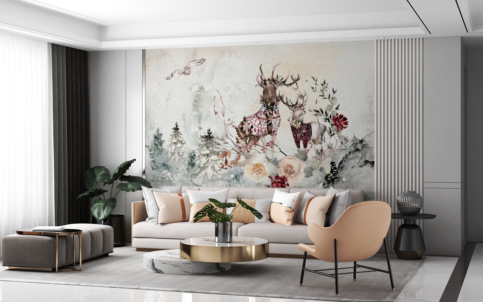 Papier peint il y a de beaux cerfs dans la forêt brumeuse