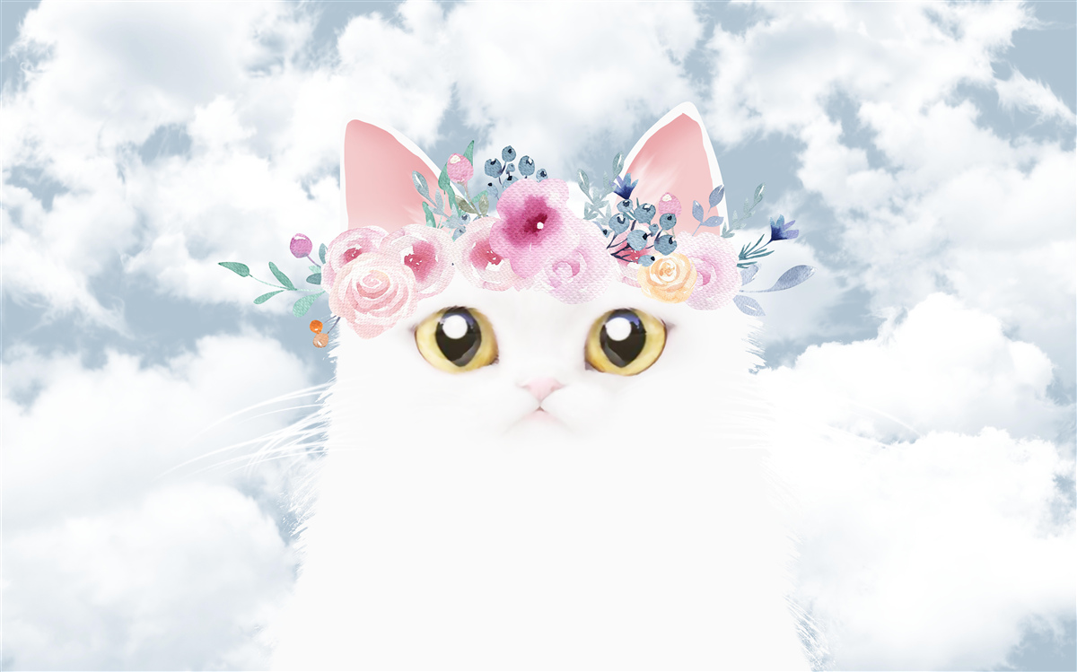 Papier peint chat parmi les fleurs sur un ciel avec des nuages